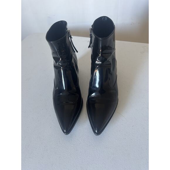Miu Miu Patent Leather Boots 37.5 Ankle Booties Black 2' Heel Pointy Italy - Picture 2 of 15